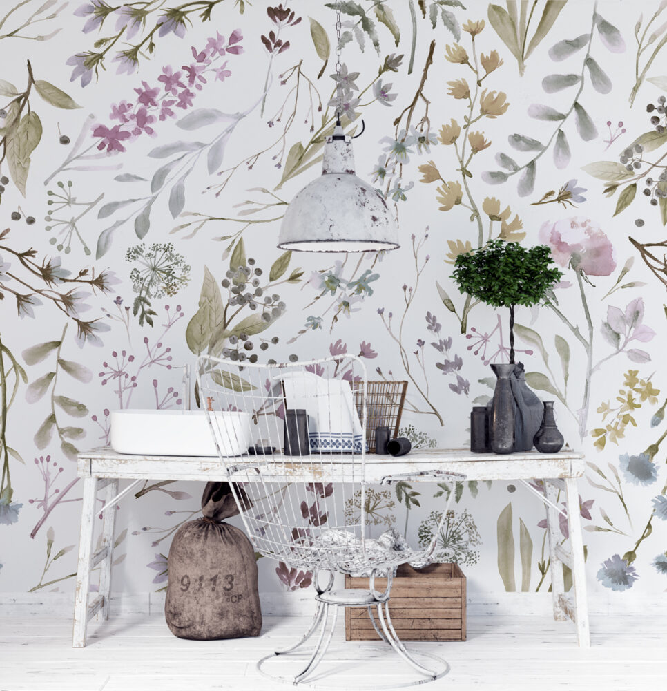 Watercolor Herb Wallpaper : Soft Lavender Botanical Pattern - View 4