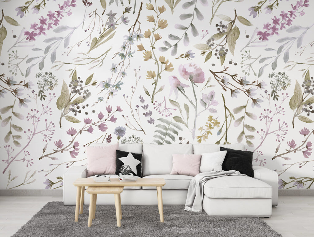 Watercolor Herb Wallpaper : Soft Lavender Botanical Pattern
