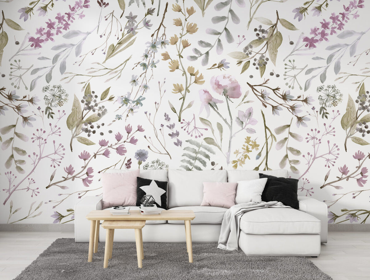 Watercolor Herb Wallpaper : Soft Lavender Botanical Pattern