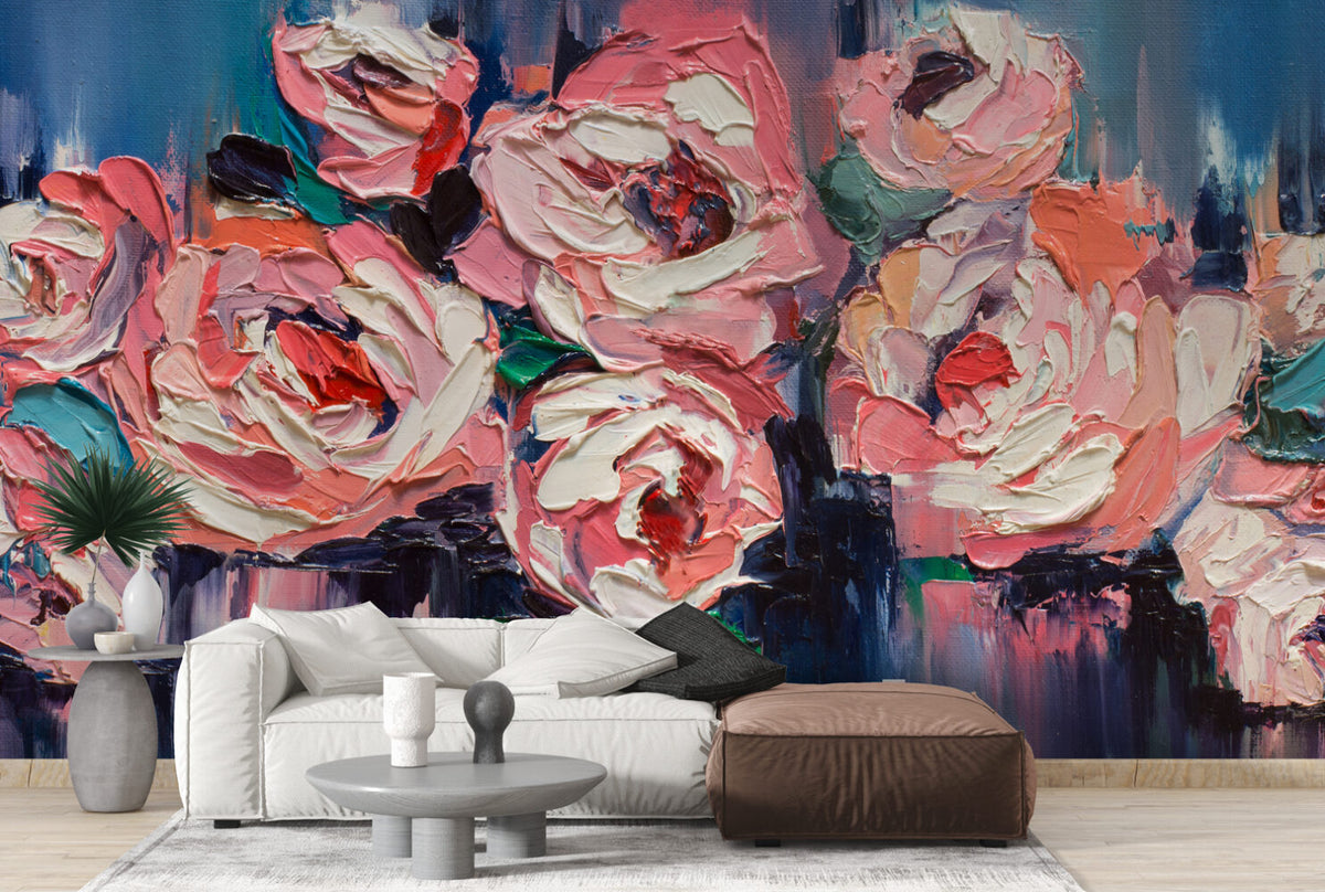 Oil Painted Rose Wallpaper : Impasto Coral Floral Mural - View 3