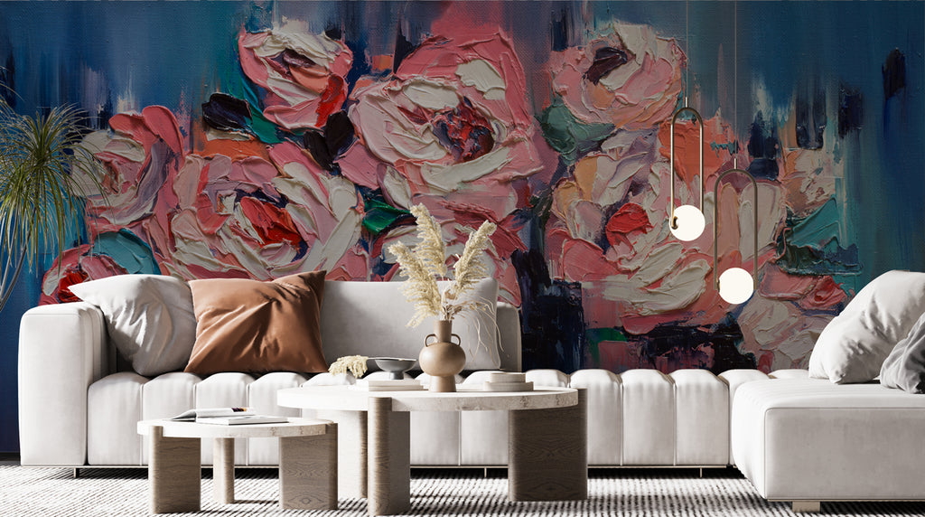Oil Painted Rose Wallpaper : Impasto Coral Floral Mural - View 4