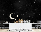 Starry Night Sky Wallpaper : Black Stars and Moon Mural