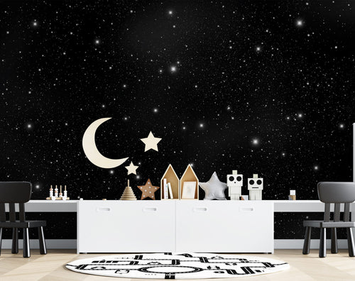 Starry Night Sky Wallpaper : Black Stars and Moon Mural