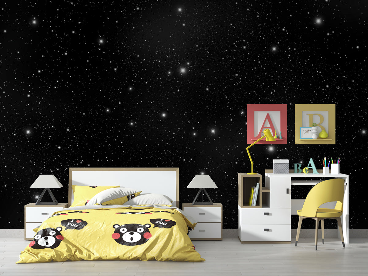 Starry Night Sky Wallpaper : Black Stars and Moon Mural - View 3