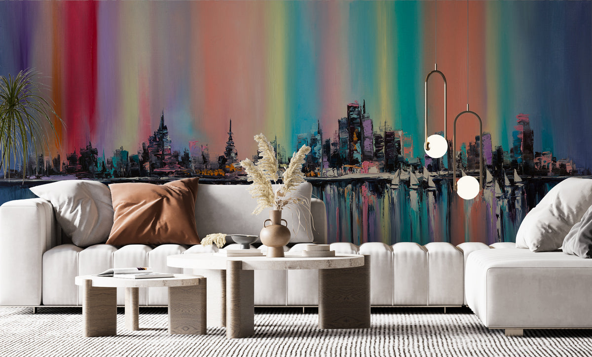 Abstract City Wallpaper : Rainbow Oil Painted Skyline Mural - View 2