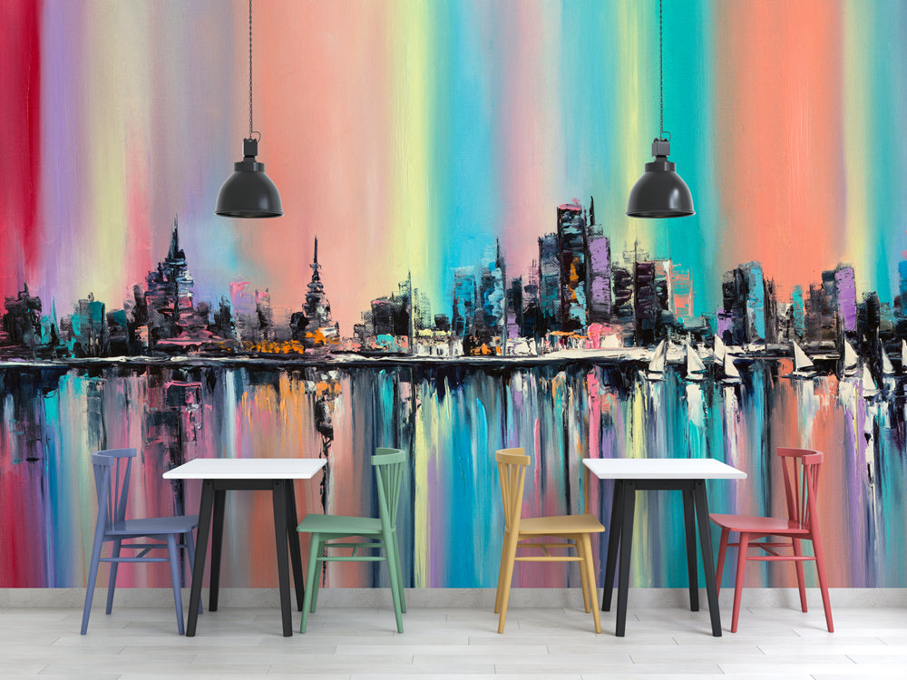 Abstract City Wallpaper : Rainbow Oil Painted Skyline Mural