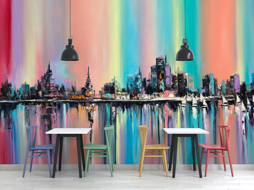 Abstract City Wallpaper : Rainbow Oil Painted Skyline Mural