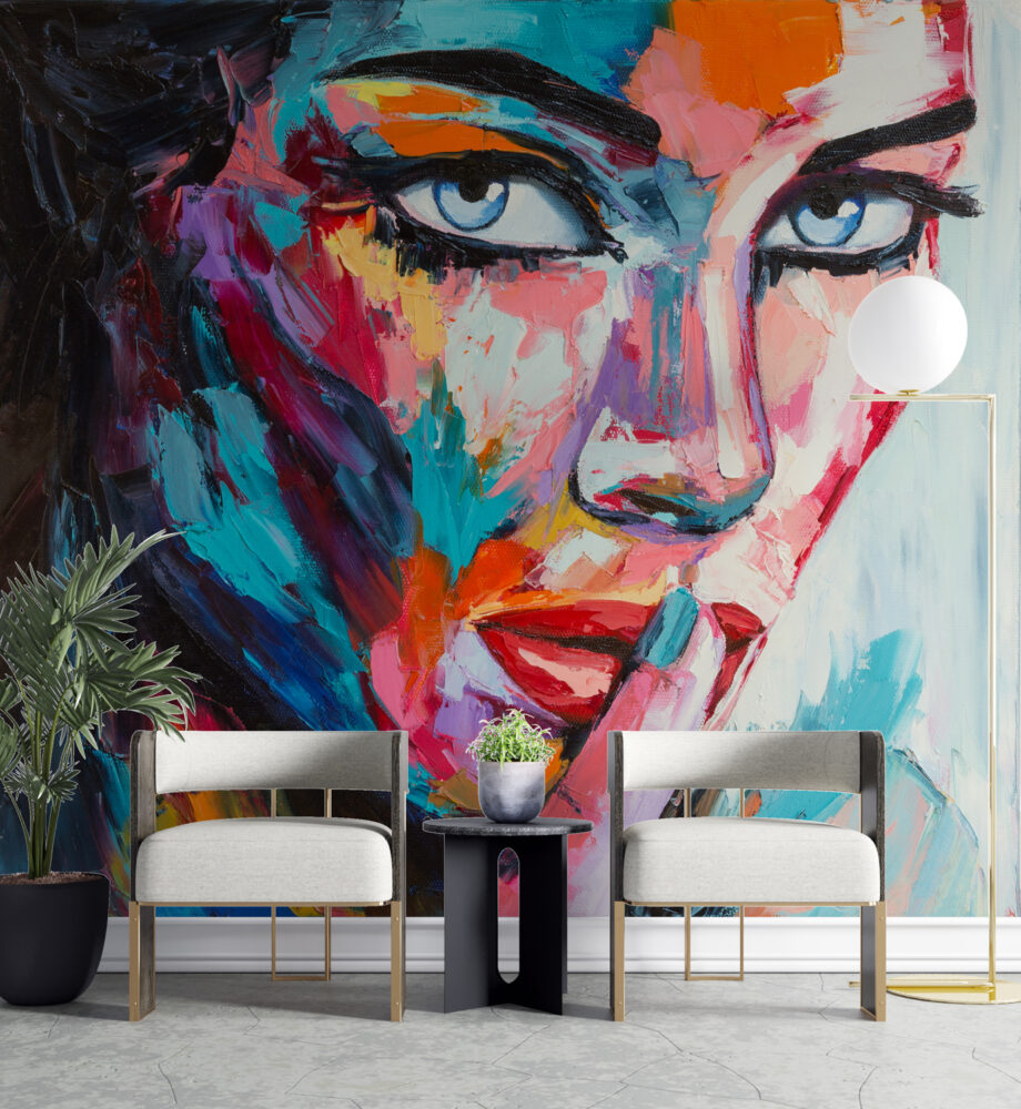 Pop Art Portrait Wallpaper : Colorful Oil Painted Face Mural - View 3