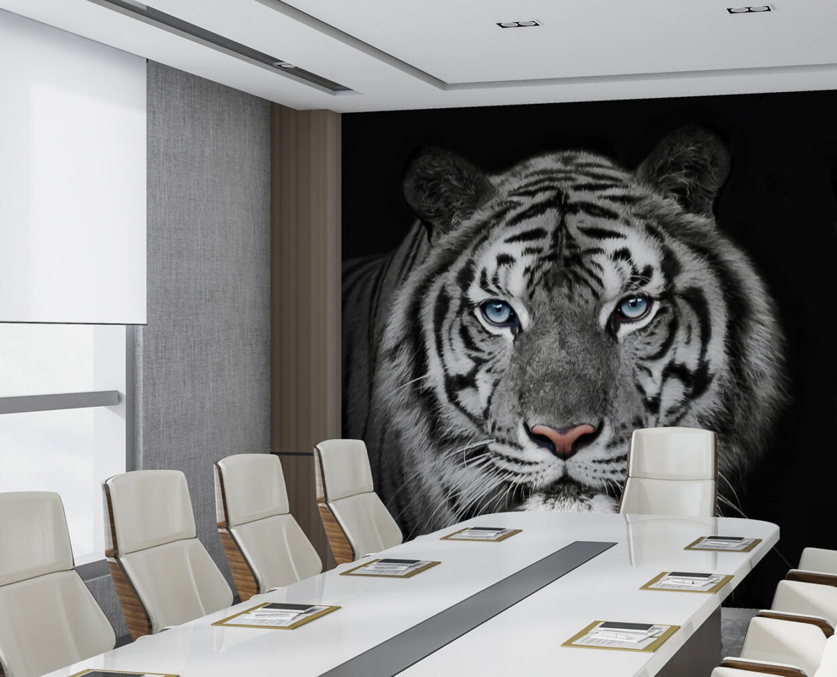 Tiger Wallpaper : Black and White Blue-Eyed Tiger Mural - View 3