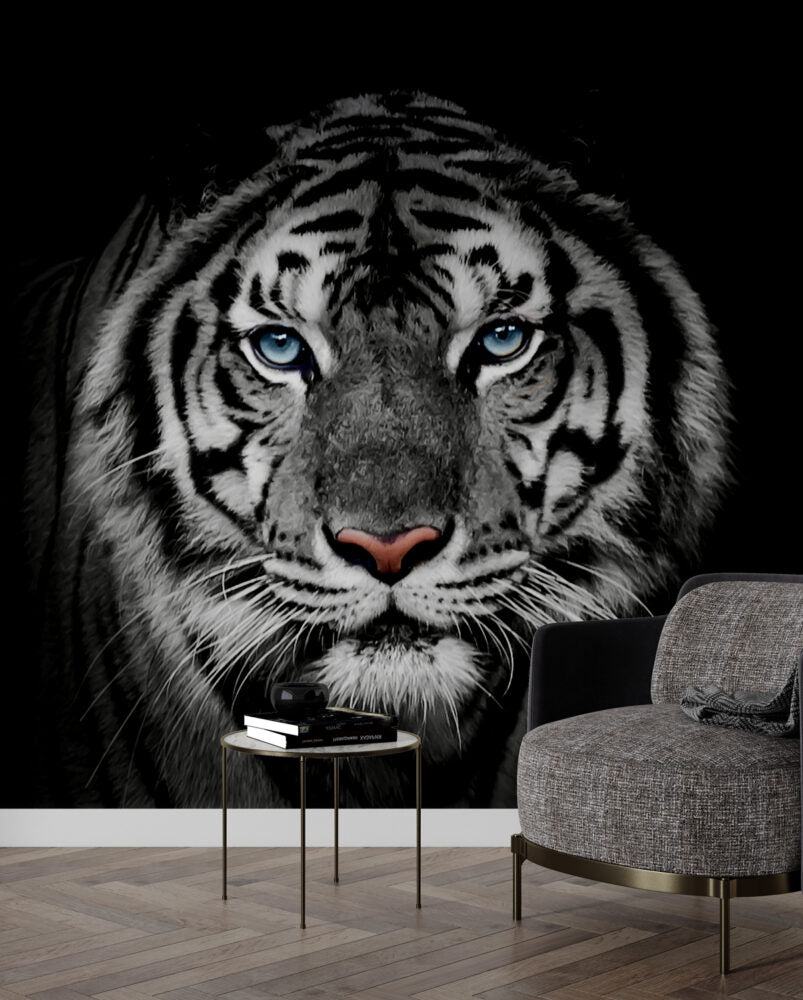 Tiger Wallpaper : Black and White Blue-Eyed Tiger Mural - View 4