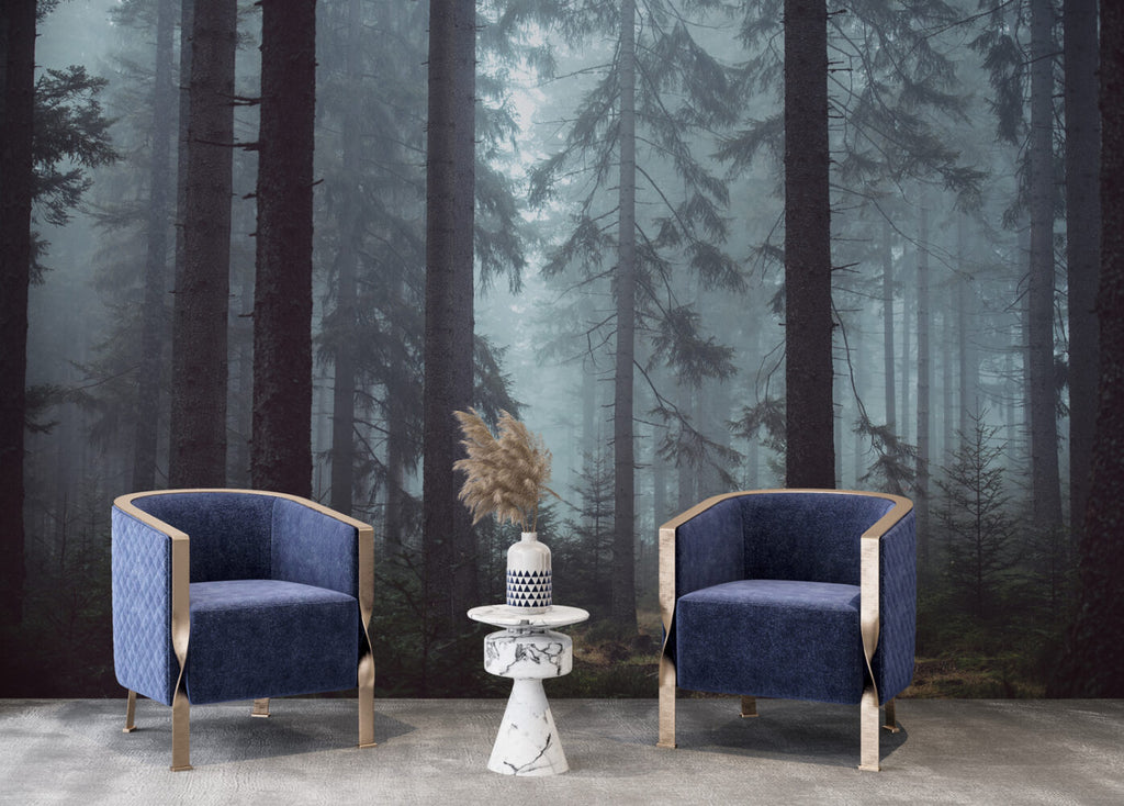 Dark Forest Wallpaper : Misty Pine Woods Mural - View 4