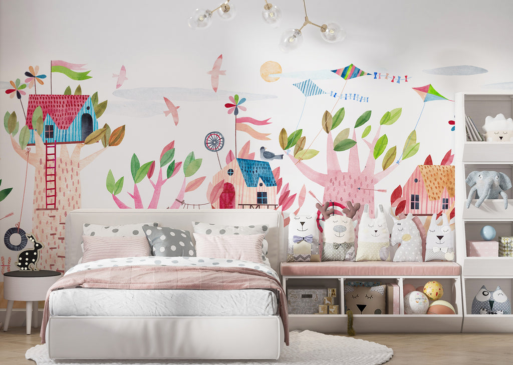 Treehouse Wallpaper : Colorful Kids Village Mural - View 3