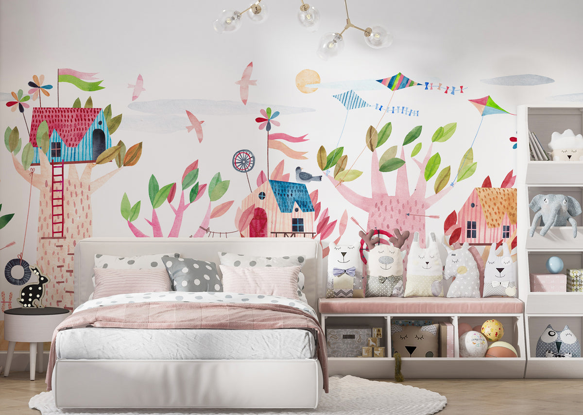 Treehouse Wallpaper : Colorful Kids Village Mural - View 3