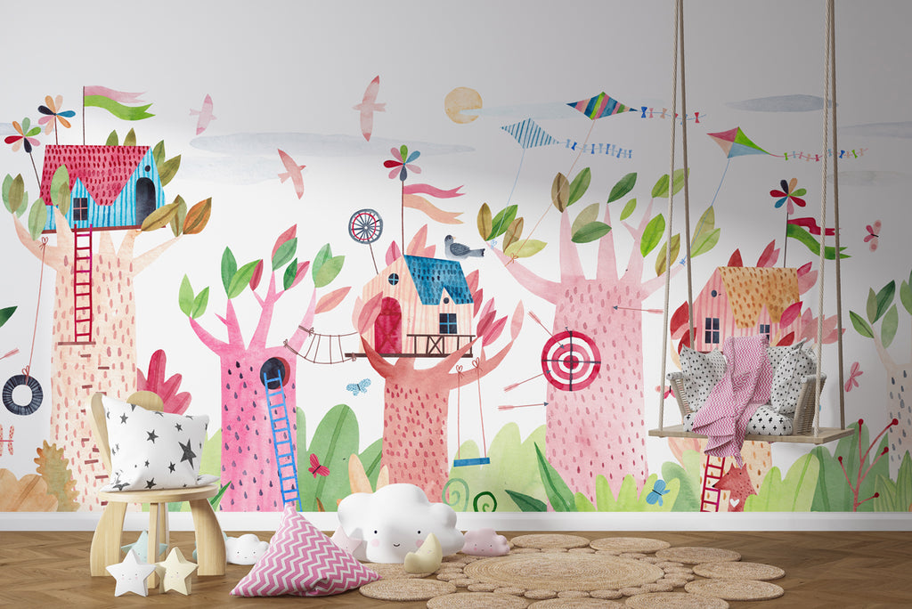 Treehouse Wallpaper : Colorful Kids Village Mural