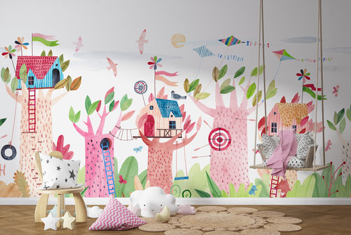 Treehouse Wallpaper : Colorful Kids Village Mural