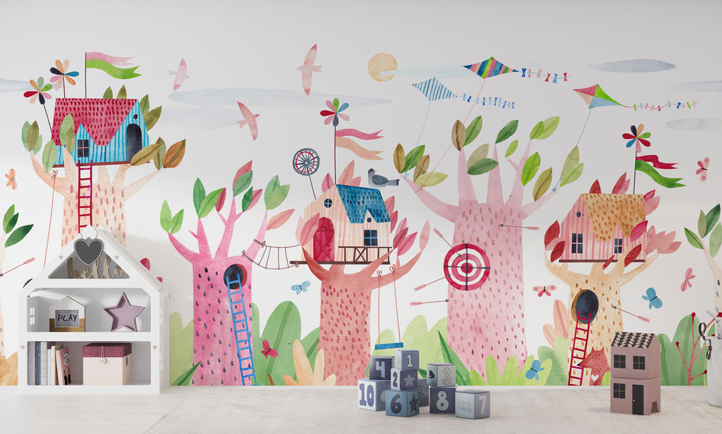 Treehouse Wallpaper : Colorful Kids Village Mural - View 4