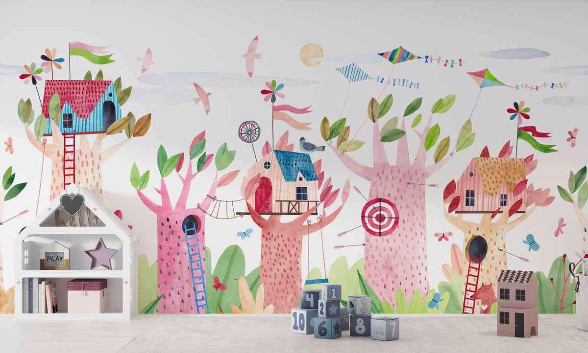 Treehouse Wallpaper : Colorful Kids Village Mural - View 4