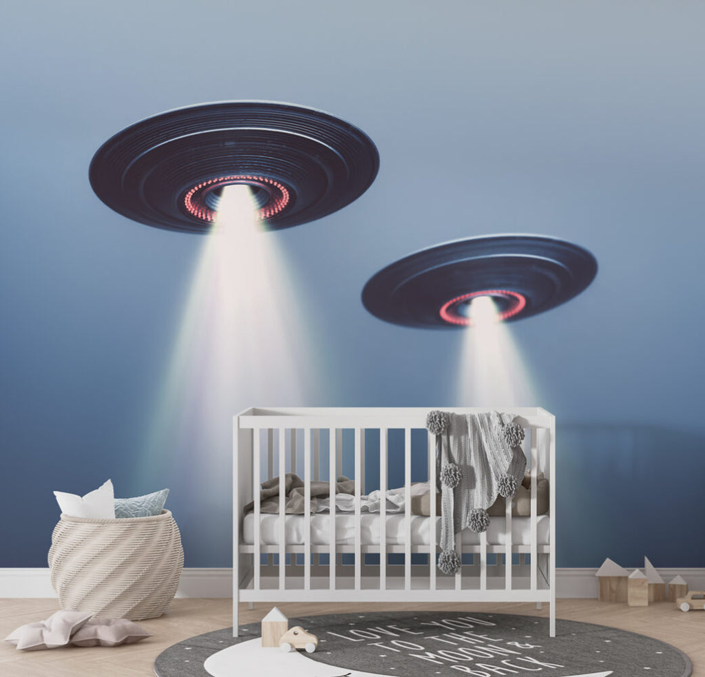 UFO Wallpaper : Glowing Flying Saucers Kids Mural