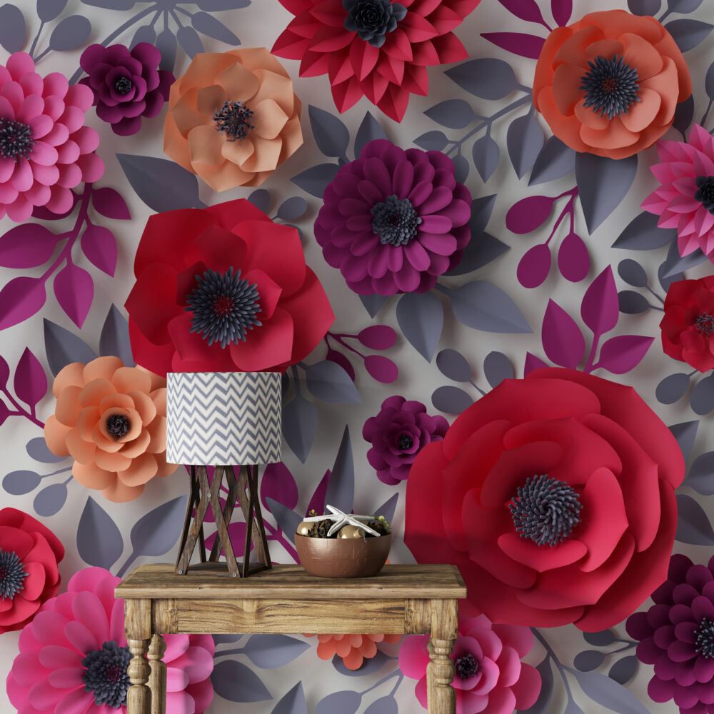 Paper Flower Wallpaper : 3D Red and Magenta Blooms Mural - View 3