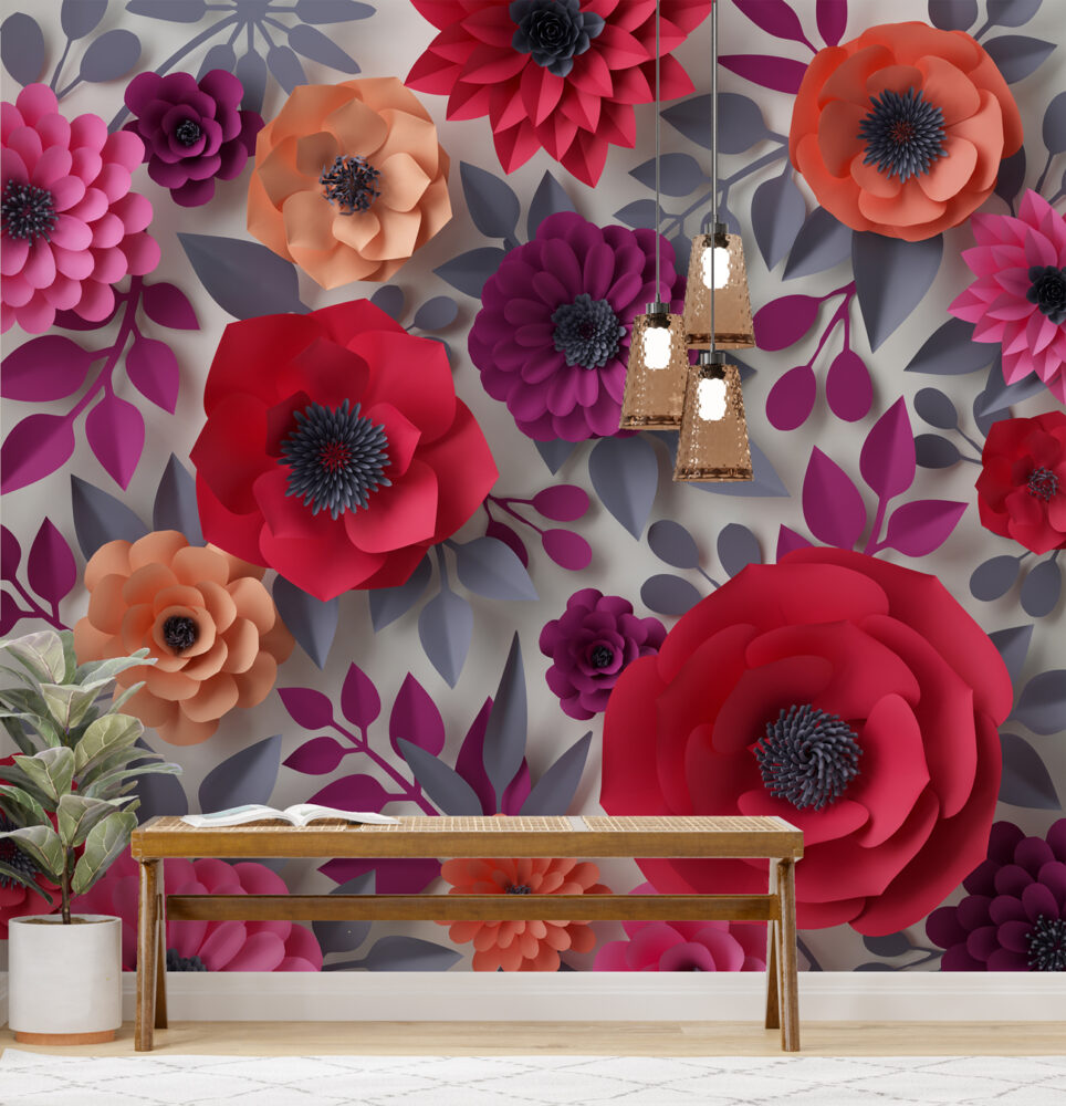Paper Flower Wallpaper : 3D Red and Magenta Blooms Mural - View 4