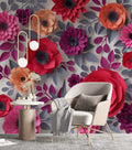 Paper Flower Wallpaper : 3D Red and Magenta Blooms Mural