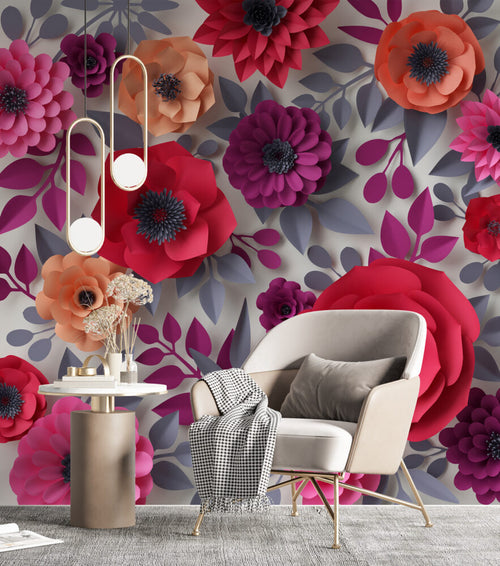 Paper Flower Wallpaper : 3D Red and Magenta Blooms Mural