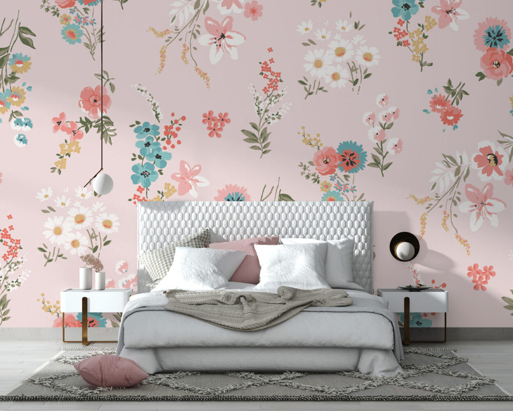Pastel Floral Wallpaper : Soft Pink Ditsy Flowers Pattern - View 3