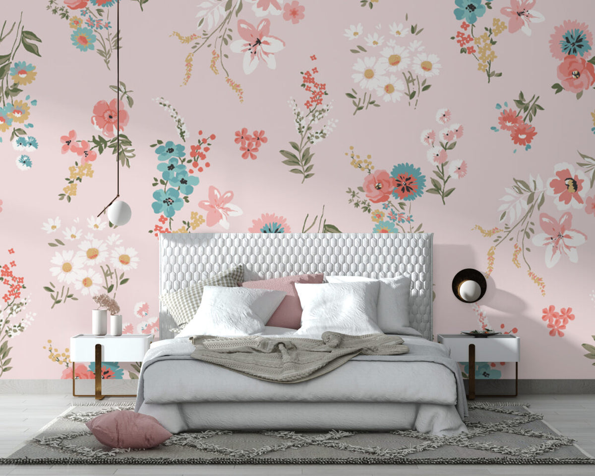 Pastel Floral Wallpaper : Soft Pink Ditsy Flowers Pattern - View 3