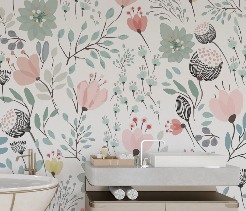 Soft Floral Wallpaper : Pink and Mint Blossom Pattern