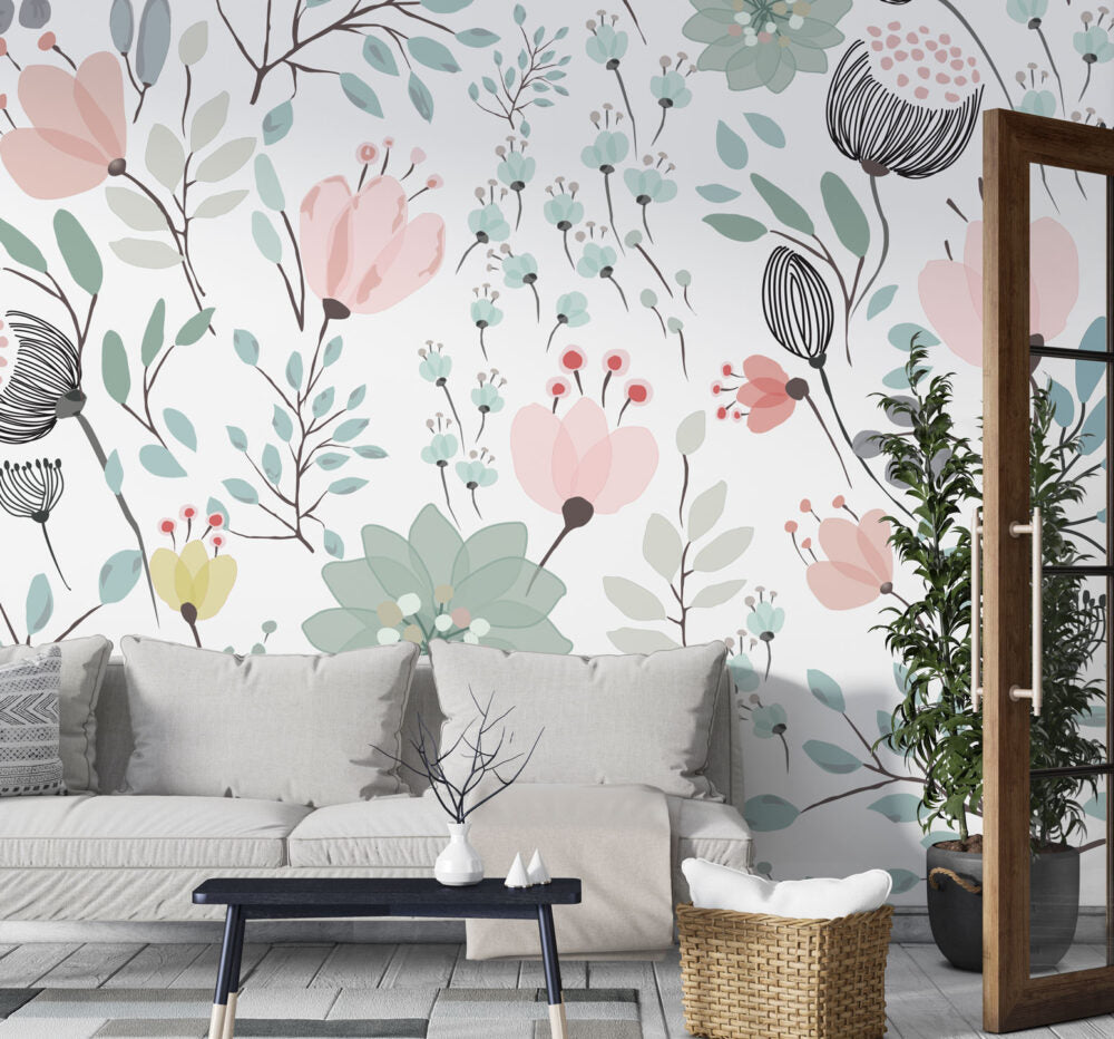 Soft Floral Wallpaper : Pink and Mint Blossom Pattern - View 5