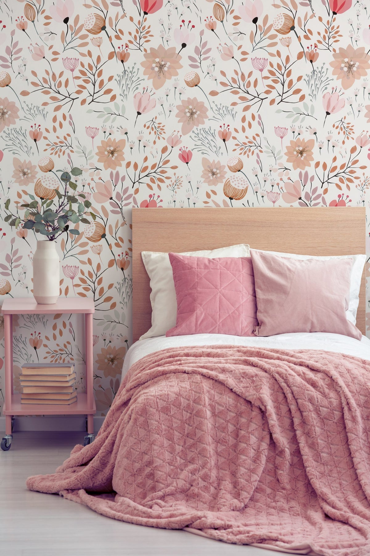 Peach Blossom Wallpaper : Powder Pink Floral on Cream Pattern