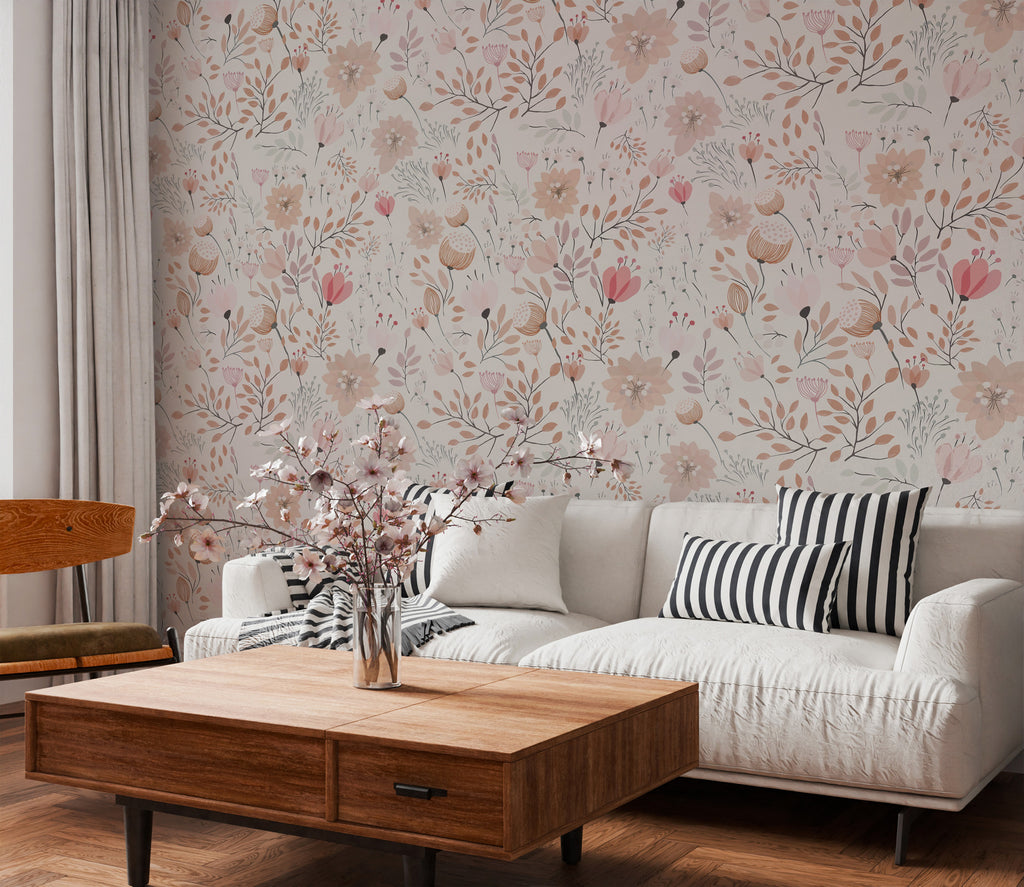 Peach Blossom Wallpaper : Powder Pink Floral on Cream Pattern - View 3