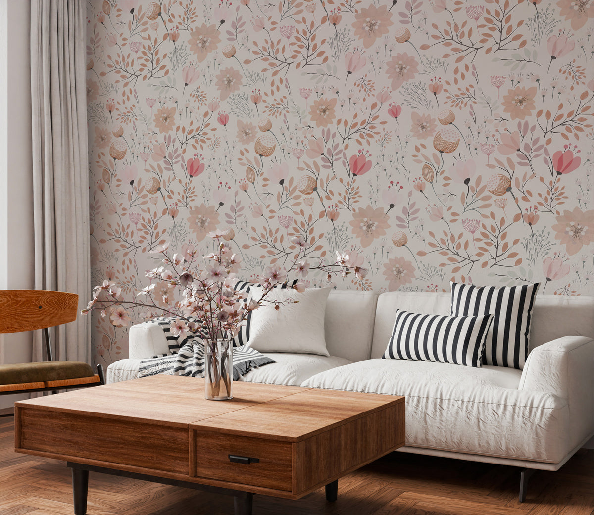 Peach Blossom Wallpaper : Powder Pink Floral on Cream Pattern - View 3