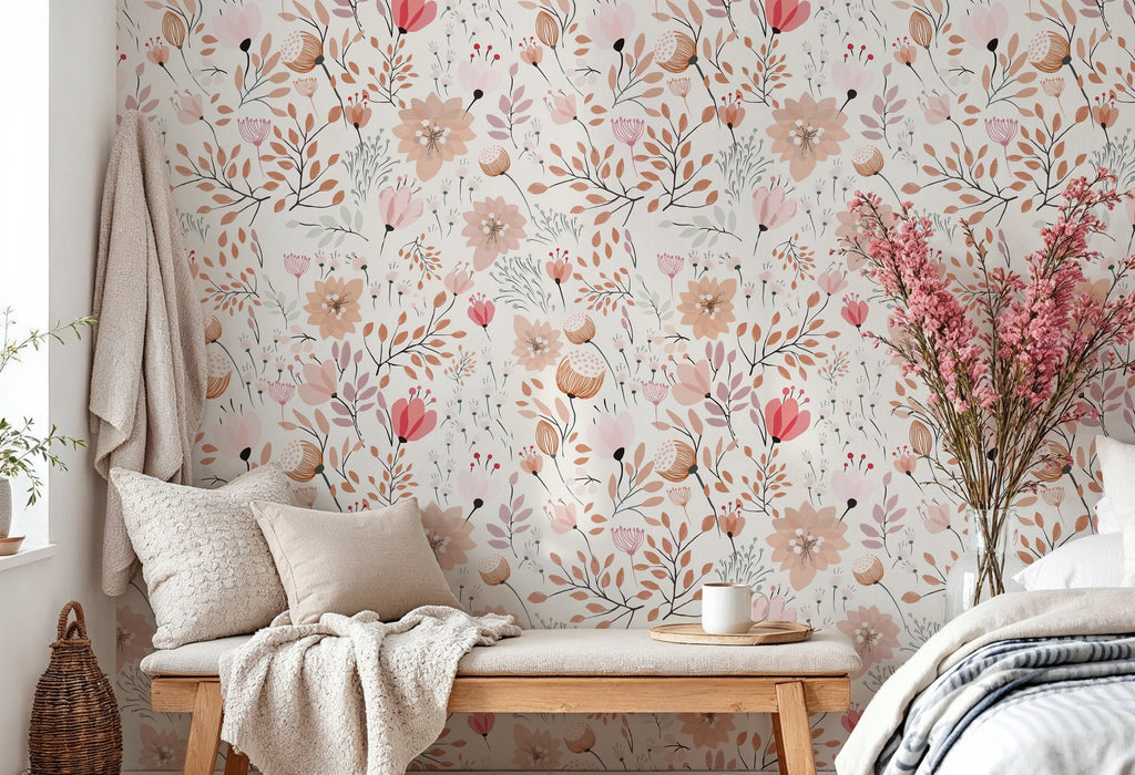 Peach Blossom Wallpaper : Powder Pink Floral on Cream Pattern - View 5