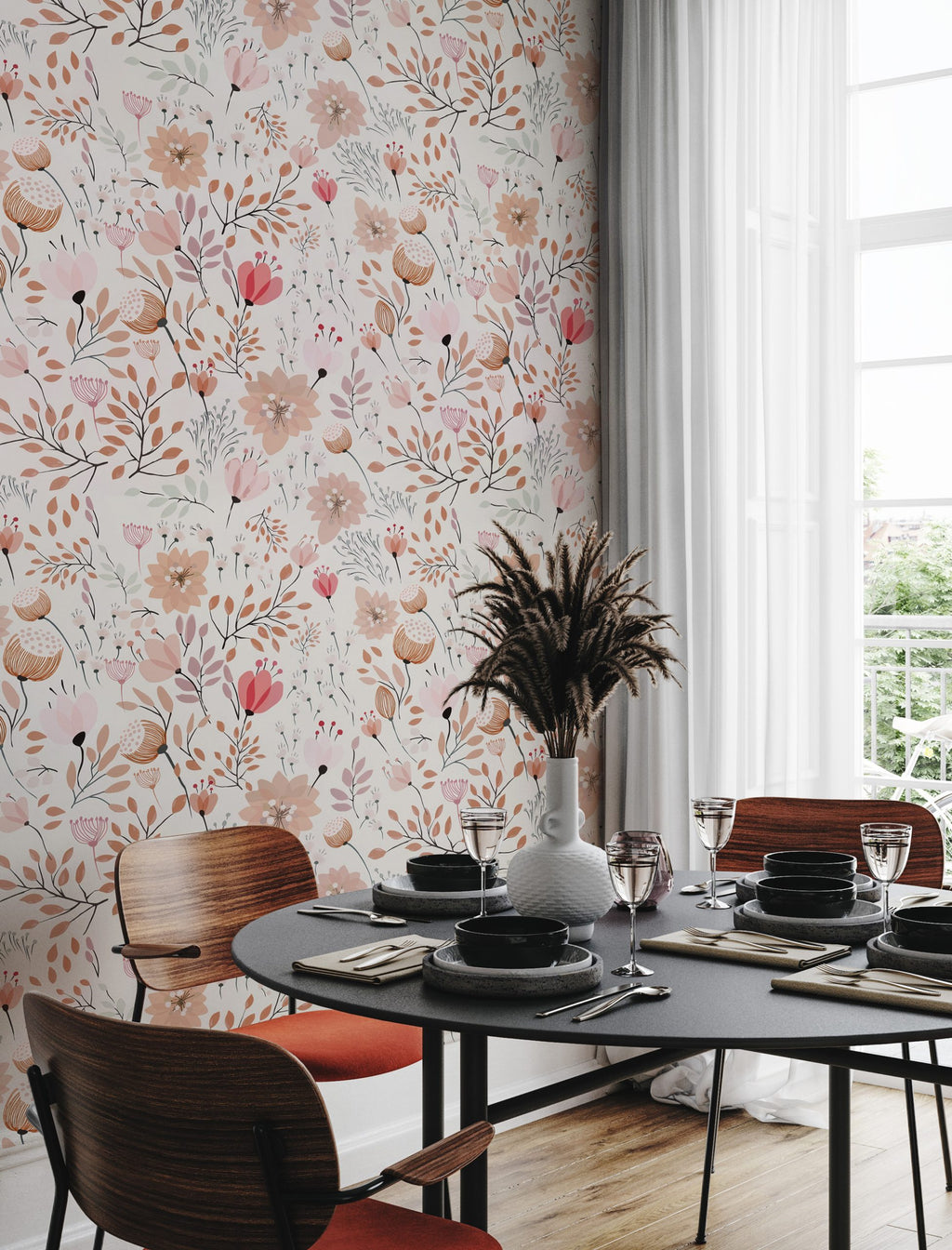 Peach Blossom Wallpaper : Powder Pink Floral on Cream Pattern - View 4