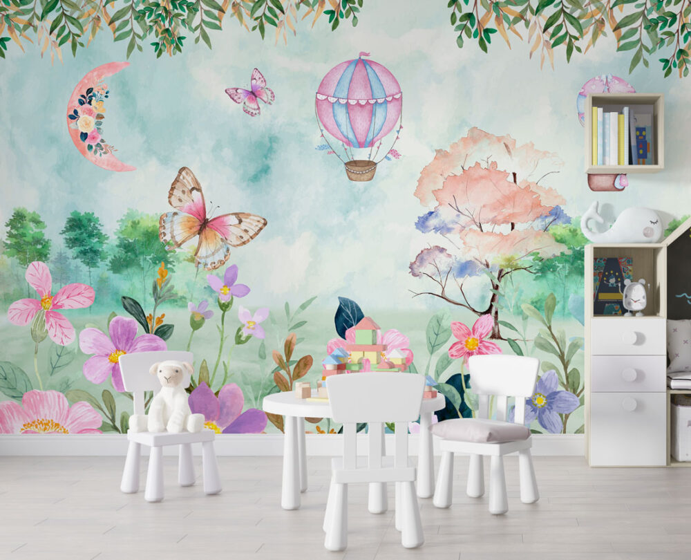 Balloon Elephant Wallpaper : Watercolor Butterfly Kids Mural - View 5
