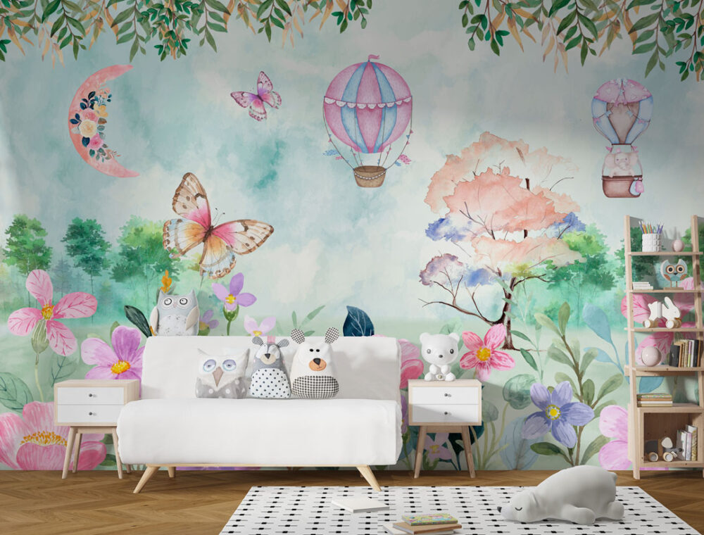 Balloon Elephant Wallpaper : Watercolor Butterfly Kids Mural - View 4