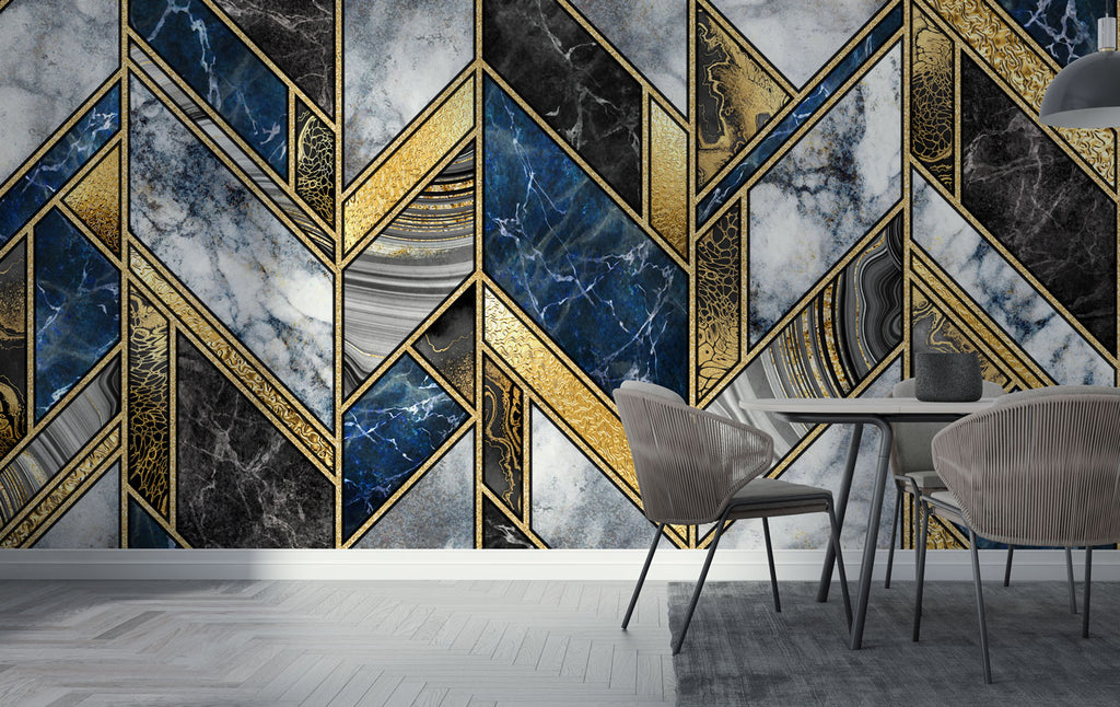 Navy Gold Marble Wallpaper : Geometric Chevron Mural - View 3