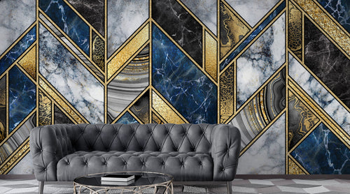 Navy Gold Marble Wallpaper : Geometric Chevron Mural