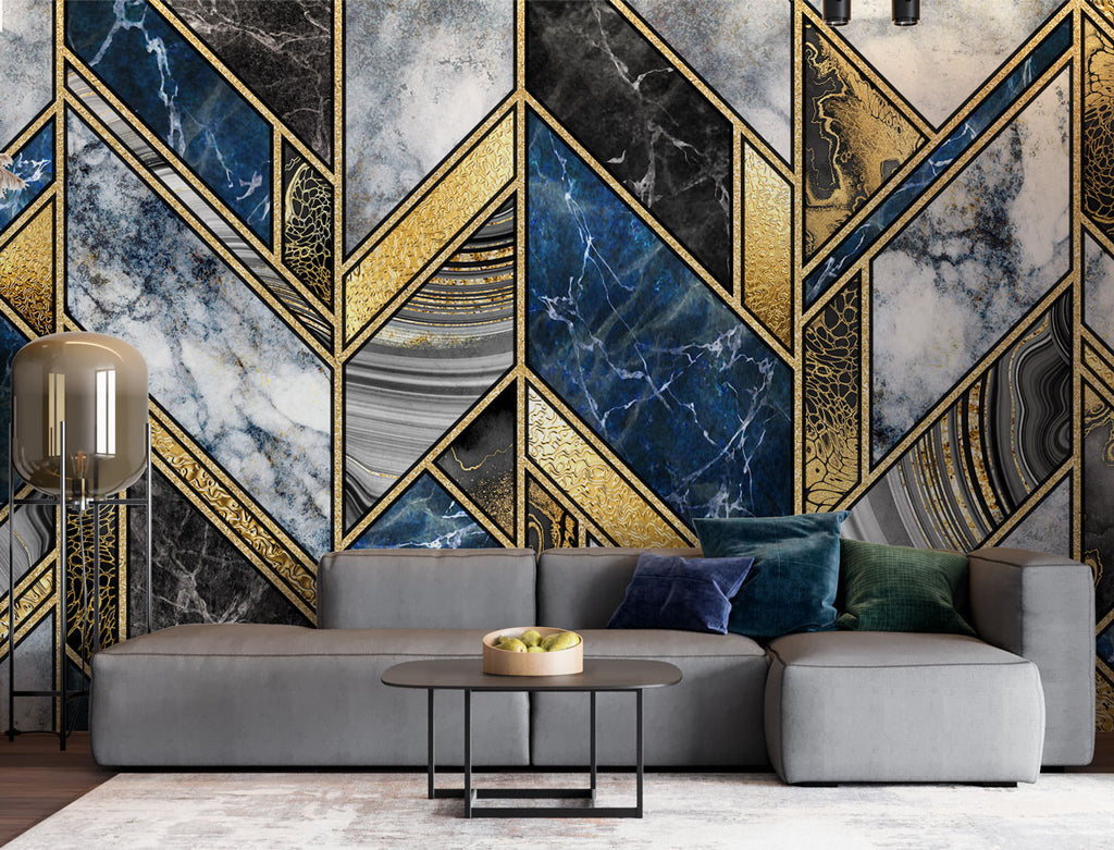 Navy Gold Marble Wallpaper : Geometric Chevron Mural - View 4