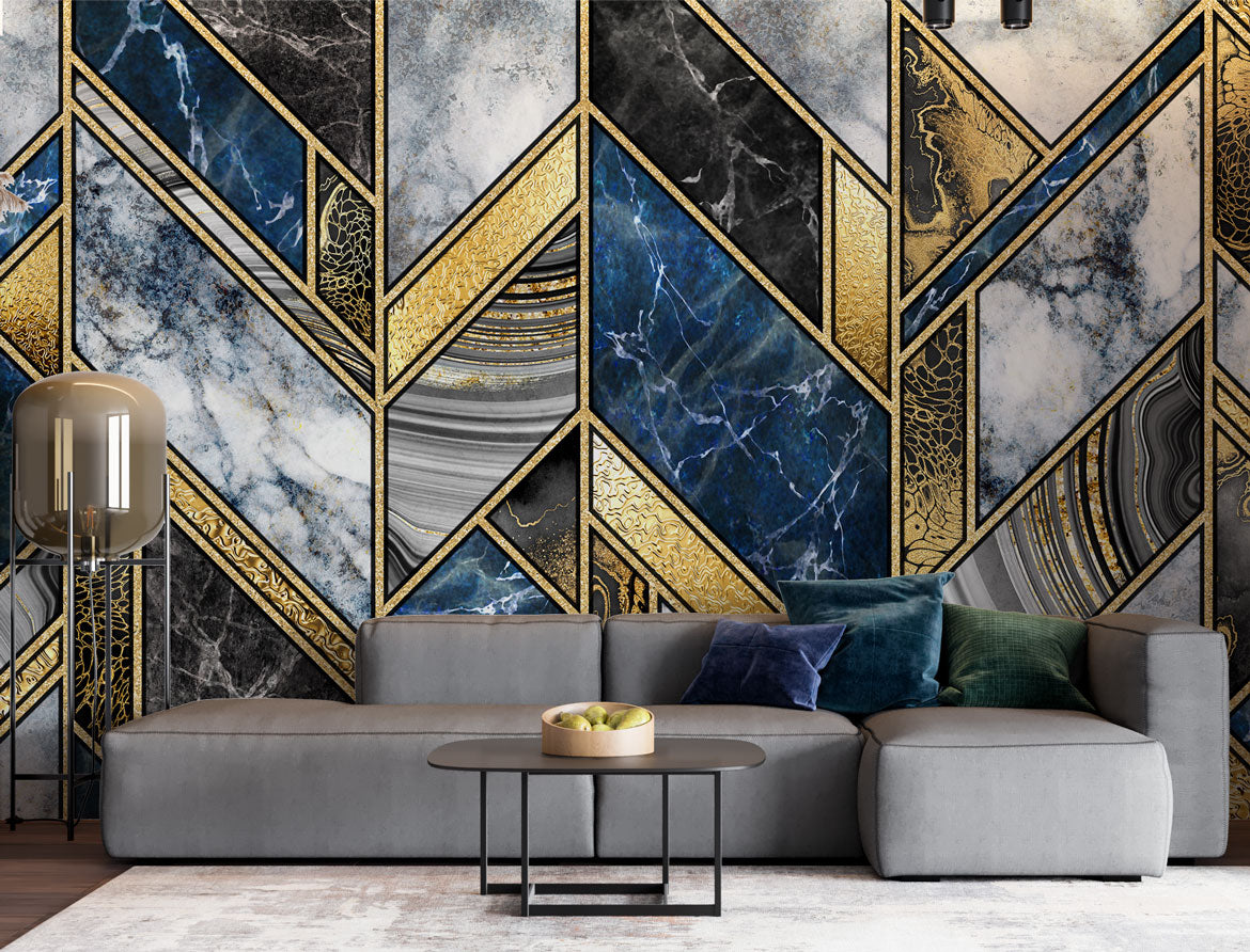 Navy Gold Marble Wallpaper : Geometric Chevron Mural - View 4