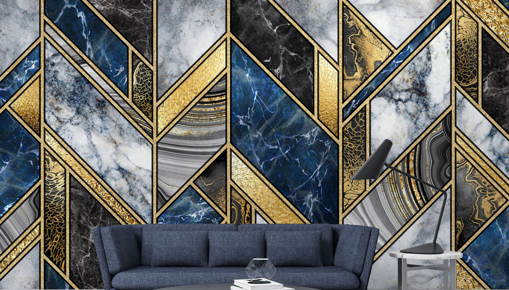 Navy Gold Marble Wallpaper : Geometric Chevron Mural - View 5