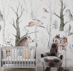 Woodland Animals Wallpaper : Soft Birch Forest Nursery Mural - View 3
