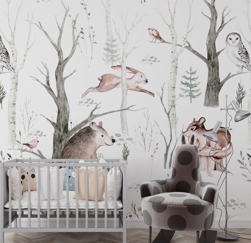 Woodland Animals Wallpaper : Soft Birch Forest Nursery Mural - View 3