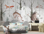 Woodland Animals Wallpaper : Soft Birch Forest Nursery Mural - View 4