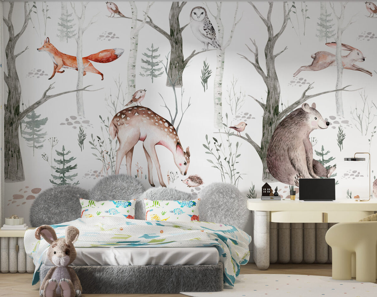 Woodland Animals Wallpaper : Soft Birch Forest Nursery Mural - View 4