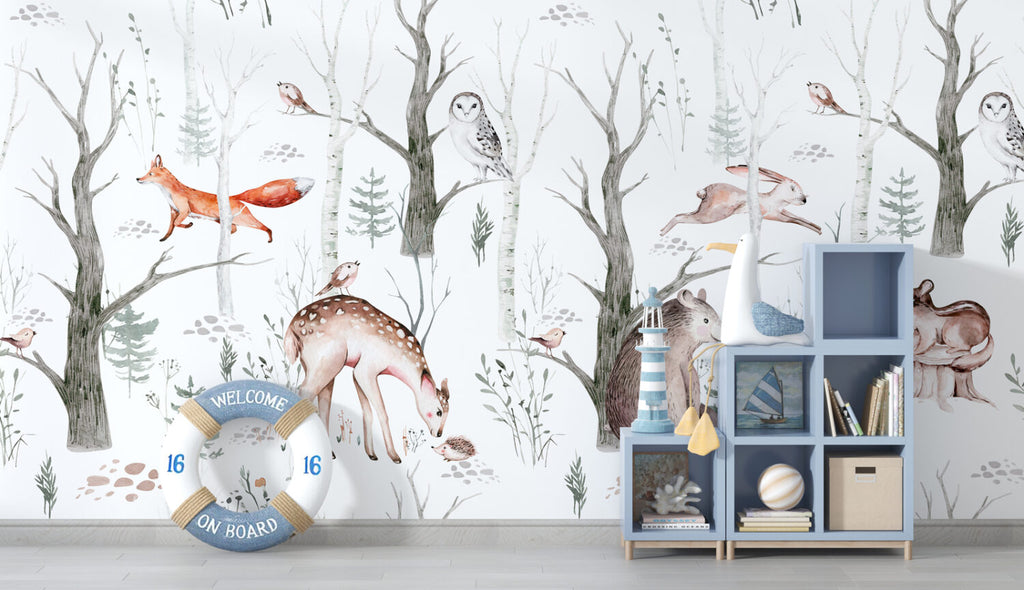 Woodland Animals Wallpaper : Soft Birch Forest Nursery Mural