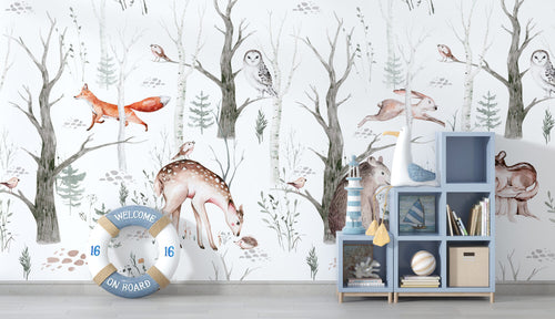 Woodland Animals Wallpaper : Soft Birch Forest Nursery Mural