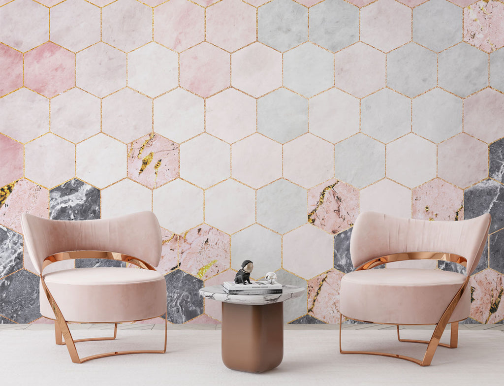 Pink Hexagon Marble Wallpaper : Gold Geometric Tile Pattern