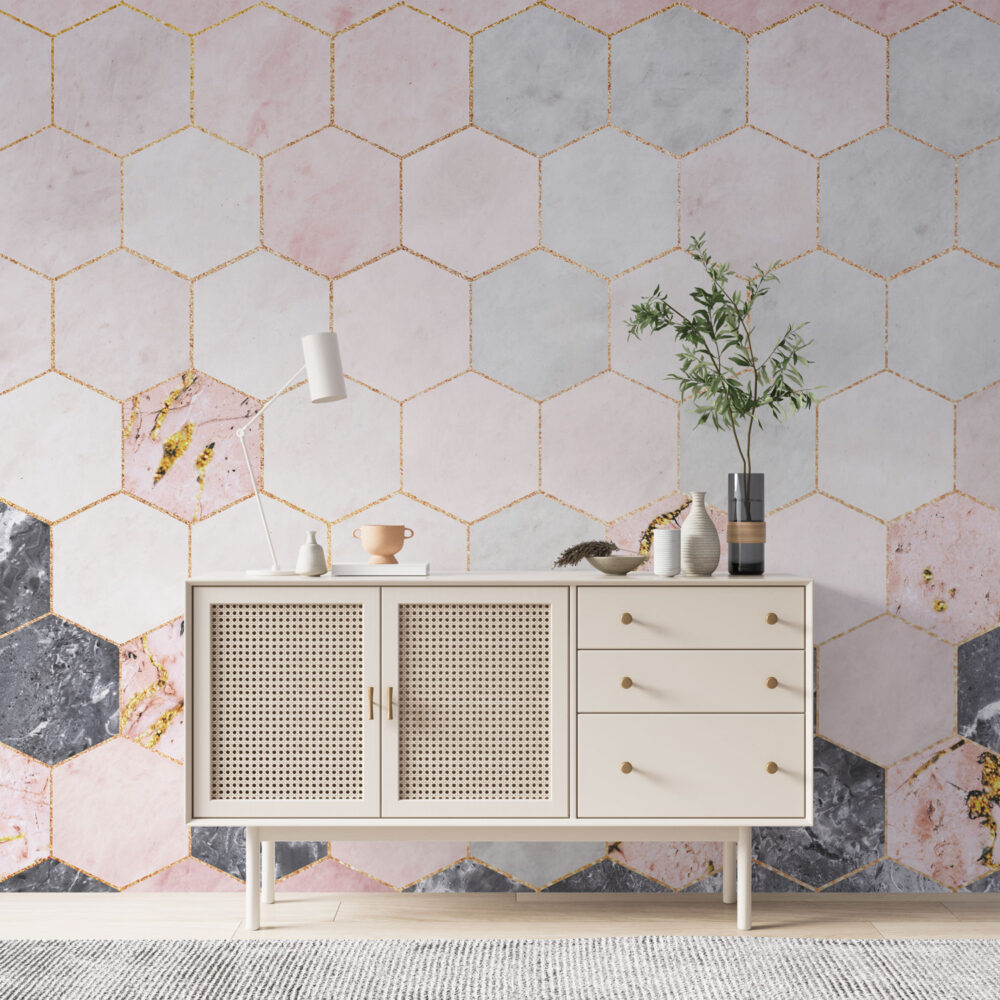 Pink Hexagon Marble Wallpaper : Gold Geometric Tile Pattern - View 3